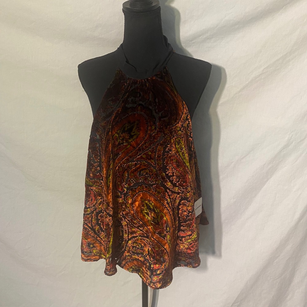 Free People Burnout Velvet Paisley Halter Top Rust Orange Open Back OB1259247 S